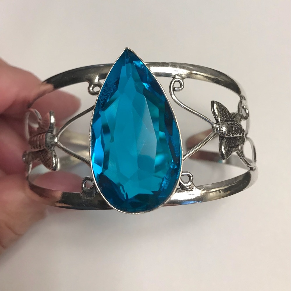 Blue Topaz Stamped 925 Sterling Silver Cuff Bracelet